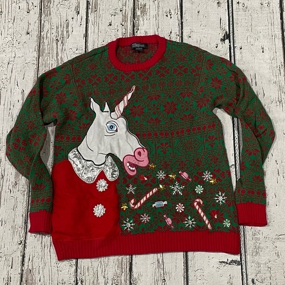Unicorn Ugly Christmas Crewneck Sweater Jumper Pullover Shirt - Picture 1 of 6